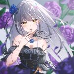  1girl absurdres bang_dream! black_choker black_dress breasts choker dress flower grey_hair hair_flower hair_ornament highres long_hair medium_breasts minato_yukina negoma54 open_mouth rose sleeveless solo standing upper_body yellow_eyes 