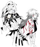  2girls antenna_hair arm_tattoo armlet back_tattoo blue_eyes braid breast_tattoo breasts cleavage closed_mouth commentary_request cropped_arms cropped_legs facial_tattoo genderswap genderswap_(mtf) gold_tattoo hair_between_eyes highres honkai:_star_rail honkai_(series) jewelry large_breasts leaning_forward long_hair looking_at_viewer multiple_girls mydei_(honkai:_star_rail) neck_tattoo open_mouth phainon_(honkai:_star_rail) ponytail red_tattoo side_braid simple_background single_braid sndayrobin spot_color tattoo yellow_eyes 