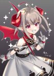  1girl ahoge arm_strap bare_shoulders belt belt_collar blush bracelet broken_heart_print character_name collar colored_tips cowboy_shot cross cross_print curled_horns demon_girl demon_horns demon_wings dress dyed_ahoge frilled_dress frills gloves gradient_background grey_background grey_hair grin hair_between_eyes hand_up heart heart_print horns jewelry leaning_forward long_dress looking_at_viewer makaino_ririmu makaino_ririmu_(1st_costume) multicolored_hair nijisanji off-shoulder_dress off_shoulder pointy_ears re_u_d red_collar red_eyes red_horns red_straps red_streaks red_wings shirt_under_dress short_hair shoulder_strap sidelocks smile solo sparkle_background standing streaked_hair twitter_username undershirt virtual_youtuber white_dress white_gloves wings 