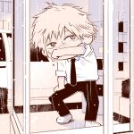  black_necktie black_pants blonde_hair car chainsaw_man chibi chibi_only collared_shirt deer60868637 denji_(chainsaw_man) male_focus motor_vehicle necktie pants phone_booth rain shirt short_hair solo sweat white_shirt yellow_eyes 