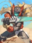  1boy absurdres armor black_eyes blonde_hair brown_cloak cloak cowboy_shot desert energy_sword forehead_jewel helmet highres holding holding_sword holding_weapon long_hair male_focus mega_man_(series) mega_man_zero_(series) mega_man_zero_2 omochi_(mochi_skymega) red_armor red_helmet solo sword weapon z_saber zero(z)_(mega_man) zero_(mega_man) 