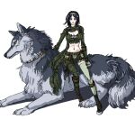  1girl black_boots black_hair boots bra_strap breasts camouflage camouflage_pants camouflage_scarf cleavage closed_mouth commentary_request full_body gloves green_gloves green_pants green_scarf green_thighhighs green_tube_top grey_hairband hairband highres long_hair looking_at_viewer medium_breasts midriff navel pants ragnarok_online ranger_(ragnarok_online) scarf simple_background single_thighhigh sitting smile solo strapless thighhighs toriria torn_clothes torn_pants tube_top white_background wolf yellow_eyes 