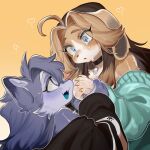  2girls aya_(arioriak) black_jacket blue_eyes blue_jacket body_fur borrowed_character brown_fur brown_hair commentary_request crying dog_girl furry furry_female grabbing_another&#039;s_hand gradient_background grey_fur grey_hair highres jacket long_hair looking_at_another multiple_girls original simple_background upper_body wolf_girl yellow_background 