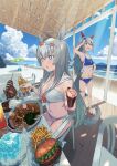  +_+ 4girls adjusting_goggles ahoge armband bangs beach beach_umbrella bikini blue_eyes bracelet breasts burger chair chopsticks cleavage curry curry_rice fang food french_fries goggles goggles_on_head gold_ship_(umamusume) grey_hair hairband hand_on_hip highres holding holding_chopsticks holding_food horse_girl hot_dog ikayaki jewelry kazu_no_reason large_breasts long_hair mejiro_mcqueen_(umamusume) multiple_girls navel noodles oguri_cap_(umamusume) open_mouth outdoors ponytail ramen rice sailor sand sandals shaved_ice sitting skewer small_breasts smile standing swimsuit table tamamo_cross_(umamusume) umamusume umbrella water whistle whistle_around_neck white_bikini 