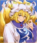  1girl absurdres animal_ears animal_hat blonde_hair blue_tabard breasts dress fox_ears fox_tail hat highres large_breasts long_sleeves looking_at_viewer matsuri_kyuuta mob_cap multiple_tails short_hair solo tabard tail touhou white_dress wide_sleeves yakumo_ran yellow_eyes 