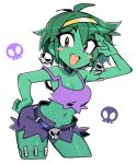  1girl almightychiru breasts cleavage colored_skin crop_top cropped_legs earrings green_hair green_skin hairband hand_on_own_hip highres jewelry medium_breasts navel open_mouth purple_tank_top red_eyes rottytops shantae_(series) short_hair shorts skull_belt skull_earrings smile stitched_arm stitched_leg stitches tank_top torn_clothes torn_shorts torn_tank_top white_background yellow_hairband zombie 