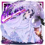  1girl alternate_costume alternate_hair_color aura bridal_veil dark_aura dress earrings falling_petals game_cg gloves high_heels highres hitodama holding holding_sword holding_weapon jewelry katana konpaku_youmu konpaku_youmu_(ghost) konpaku_youmu_(mysterious_sword_master) multiple_swords official_art petals pink_petals purple_hair red_eyes rotte_(1109) sheath sheathed shoes solo stairs strapless strapless_dress sword sword_on_back third-party_source touhou touhou_lostword transparent_background veil weapon weapon_on_back wedding_dress white_dress white_gloves white_shoes white_veil 
