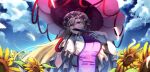  1girl blonde_hair blue_sky breasts cloud commentary dress fan_to_mouth field flower flower_field folded_fan folding_fan haido_(unisan) hair_between_eyes hand_fan highres holding holding_fan holding_umbrella large_breasts long_hair looking_to_the_side purple_eyes purple_tabard short_sleeves sky solo sunflower sunflower_field tabard touhou umbrella white_dress yakumo_yukari 