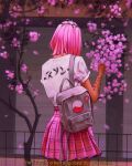  1girl ahoge angel_ganev arm_tattoo backpack bag bare_arms cherry_blossoms chromatic_aberration clothes_writing commentary cowboy_shot english_commentary film_grain from_behind grey_bag highres miniskirt original outdoors pink_hair pink_skirt pleated_skirt railing shirt short_hair short_sleeves skirt solo standing t-shirt tattoo translation_request tree white_shirt 