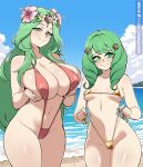  2girls absurdres beach bikini blue_sky breasts closed_mouth commentary cowboy_shot day fire_emblem fire_emblem:_three_houses flayn_(fire_emblem) flower gold_bikini green_eyes green_hair hair_flower hair_ornament highres large_breasts long_hair looking_at_viewer micro_bikini multiple_girls navel outdoors paid_reward_available patreon_logo patreon_username pink_flower red_slingshot_swimsuit rhea_(fire_emblem) scrimblocrimbo side-tie_bikini_bottom sky slingshot_swimsuit small_breasts smile swimsuit white_flower 