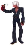  1boy commentary cross cross_necklace dark-skinned_male dark_skin english_commentary fl_(l-fl) gloves highres holding holding_removed_eyewear jewelry k&#039;_(kof) necklace short_hair simple_background solo the_king_of_fighters unworn_eyewear white_background white_hair 