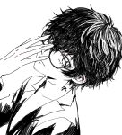  1boy adjusting_eyewear ako_(eanaaati1) amamiya_ren chinese_commentary closed_mouth commentary_request covered_collarbone from_side glasses greyscale hair_between_eyes highres jacket looking_at_viewer male_focus monochrome persona persona_5 shirt short_hair simple_background smile solo upper_body 