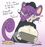 after_transformation anthro blue_eyes blush blush_lines breasts buckteeth clipboard curled_tail dialogue eyewear female fur gender_transformation generation_1_pokemon glasses hi_res mtf_transformation nintendo pokemon pokemon_(species) purple_body purple_fur rattata shrubie_fox solo tail teeth transformation wearing_glasses wearing_hat