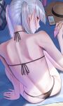  1girl absurdres alternate_costume ass asumi_sena back beach_mat bikini black_bikini blunt_bangs cellphone commentary_request eden_(edenaldojj) fingernails grey_hair hat highres looking_at_viewer lotion median_furrow medium_hair multicolored_hair nail_polish phone pink_hair pink_nails red_eyes shoulder_blades smartphone solo straw_hat streaked_hair string_bikini sunscreen swimsuit twintails virtual_youtuber vspo! 