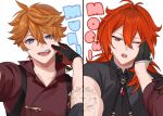  2boys black_gloves black_necktie black_shirt blue_eyes blush diluc_(genshin_impact) genshin_impact gloves hair_between_eyes highres hiki_yuichi long_hair male_focus multiple_boys necktie one_eye_closed open_mouth orange_hair red_eyes red_gloves red_hair red_shirt shirt short_hair tartaglia_(genshin_impact) teeth tongue two-tone_gloves white_background yaoi 