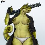 abelisaurid anthro big_breasts black_clothing breasts carnotaurus clothed clothing coat curled_tail dinosaur female fingerless_gloves front_view gloves green_body green_scales gun handwear hi_res holding_gun holding_object holding_ranged_weapon holding_shotgun holding_weapon horn josephsuchus non-mammal_breasts panties prehistoric_species ranged_weapon reptile saurischian scales scalie shotgun skimpy solo tail theropod topless topless_female topwear trenchcoat underwear weapon weapon_on_shoulder