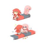  2girls :d blue_eyes blush bocchi_the_rock! chibi chibi_only closed_eyes closed_mouth commentary_request cube_hair_ornament full_body gotoh_hitori hair_ornament holding_hands jacket kita_ikuyo long_hair long_sleeves magnet magnetism multiple_girls open_mouth pink_hair pink_jacket rebecca_(keinelove) school_uniform shuka_high_school_uniform simple_background sitting smile track_jacket white_background yellow_eyes 