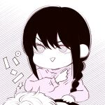  1boy 1girl braid chainsaw_man chibi chibi_only deer60868637 denji_(chainsaw_man) limited_palette nayuta_(chainsaw_man) open_mouth purple_sweater ringed_eyes sidelocks slapping sweater 