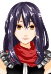  1girl armor assassin_cross_(ragnarok_online) black_shirt closed_mouth commentary_request lips long_hair looking_at_viewer orange_eyes pauldrons portrait purple_hair ragnarok_online red_scarf scarf shirt shoulder_armor simple_background sleeveless sleeveless_shirt smile solo toriria white_background 