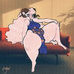1:1 anthro baranarts belly blue_clothing blue_dress blue_eyes bovid breasts bulge caprine clothing detailed_bulge dress dress_bulge eyelashes filter furniture gynomorph hair hand_on_knee hand_on_leg hi_res hooves horn huge_thighs intersex mammal navel_outline photo_background photography_(artwork) sheep slightly_chubby slightly_chubby_anthro slightly_chubby_gynomorph slightly_chubby_intersex slit_dress sofa solo spread_legs spreading symbol thick_thighs wavy_hair white_body white_hair