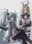  2girls aqua_eyes aqua_hair aqua_necktie aqua_trim bare_shoulders black_gloves black_nails black_skirt black_thighhighs blonde_hair blue_eyes blue_hair bow cleavage_cutout clothing_cutout crossed_legs detached_sleeves elbow_gloves gloves grey_shirt hair_between_eyes hair_bow hair_ornament hairclip hand_on_own_knee hatsune_miku highres holding_own_arm invisible_chair kagamine_rin long_hair midriff multicolored_tongue multiple_girls necktie partially_unbuttoned pleated_skirt scowl shirt short_hair shorts simple_background sitting skirt sleeveless thigh_strap thighhighs tie_clip tongue tongue_out twintails very_long_hair vocaloid white_background y168y_iro 