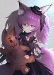  1girl animal_ears arknights black_dress commentary dress fox_ears fox_girl fox_tail highres looking_at_viewer morte_(arknights) official_alternate_costume purple_eyes shamare_(arknights) shamare_(echo_of_the_horrorlair)_(arknights) solo stuffed_toy tail twintails utagawa_niki 