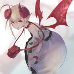  .noz 1girl :p ahoge arm_strap backless_dress backless_outfit bag bare_shoulders belt belt_collar blush bracelet collar colored_tips cross cross_print curled_horns demon_girl demon_horns demon_wings dress dyed_ahoge feet_out_of_frame frilled_dress frills from_side gloves grey_hair hair_between_eyes handbag heart heart_print highres horns jewelry leaning_forward long_dress looking_at_viewer makaino_ririmu makaino_ririmu_(1st_costume) multicolored_hair nijisanji off-shoulder_dress off_shoulder pixie_cut pointy_ears red_bag red_collar red_eyes red_horns red_streaks red_wings shoulder_bag sidelocks simple_background solo streaked_hair tongue tongue_out virtual_youtuber white_background white_dress white_gloves wings 