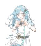  1girl :d artist_name belt black_belt black_bow black_bowtie blue_dress blue_eyes blue_hair blush bow bowtie breasts buttons clover_hair_ornament cowboy_shot double-breasted dress firmianapenguin hair_between_eyes hair_ornament hands_up hashtag-only_commentary heart heart_hands hinomori_shizuku idol idol_clothes long_hair looking_at_viewer mole mole_under_mouth open_mouth project_sekai short_sleeves sidelocks simple_background small_breasts smile solo twitter_username two-tone_dress white_background white_dress wing_hair_ornament 