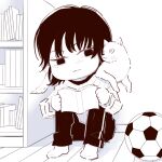  1girl animal_on_shoulder ball book bookshelf cat cat_on_shoulder chainsaw_man chibi chibi_only deer60868637 holding holding_book knees_up medium_hair mitaka_asa monochrome on_floor pants soccer_ball solo sweater 