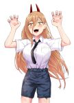  1girl black_necktie blonde_hair blue_shorts breasts chainsaw_man collared_shirt cross-shaped_pupils demon_girl demon_horns hair_between_eyes hands_up highres horns large_breasts long_hair long_hair_between_eyes necktie open_mouth power_(chainsaw_man) red_horns sharp_teeth shirt shirt_tucked_in shorts simple_background solo symbol-shaped_pupils teeth white_background white_shirt yellow_eyes zetsuki_(theendoftheworid) 
