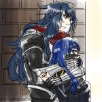  1boy 1girl armor assassin_cross_(ragnarok_online) black_dress black_shirt blue_hair brick_wall closed_mouth commentary_request covering_another&#039;s_mouth cross cross_necklace dress eremes_guile expressionless jewelry long_hair looking_at_another necklace pauldrons priest_(ragnarok_online) purple_eyes ragnarok_online red_eyes red_scarf scarf shirt shoulder_armor toriria upper_body vambraces 