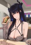  1girl asymmetrical_horns black_hair blue_hair booth_seating breasts burger cardigan colored_inner_hair demon_horns eipanguino fast_food flower food hair_ornament heart heart_o-ring highres holding holding_burger holding_food hololive hololive_english horn_flower horns large_breasts long_hair long_sleeves looking_at_viewer mole mole_under_eye multicolored_hair nerissa_ravencroft o-ring red_eyes restaurant solo tassel tassel_hair_ornament two-tone_hair uneven_horns very_long_hair virtual_youtuber 