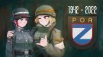  2girls absurdres belt belt_pouch blonde_hair blush bob_cut breasts committee_for_the_liberation_of_the_peoples_of_russia fang fingernails fluffkaiser frown german_army green_shirt grey_shirt grin hand_on_another&#039;s_shoulder hat highres medium_breasts medium_hair multiple_girls one_eye_closed original pouch purple_eyes red_hair ribbon_of_saint_george russian_flag russian_liberation_army russo-ukrainian_war serious shirt short_hair sidelocks smile upper_body weapon_request world_war_ii z_(russian_symbol) 