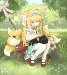 1girl =_= animal_ears arknights black_cat blonde_hair blue_skirt blush brown_footwear cat chack520 day flower forest fox_ears fox_girl fox_tail frilled_skirt frills full_body grass green_hair hair_down heixiu highres kitsune leaf long_hair luoxiaohei multicolored_hair multiple_tails nature neck_ribbon official_alternate_costume outdoors pantyhose petting red_ribbon ribbon shirt shoes sitting skirt smile solo streaked_hair suzuran_(arknights) suzuran_(praise_spring)_(arknights) tail the_legend_of_luo_xiaohei tree_stump white_flower white_hair white_pantyhose white_shirt 