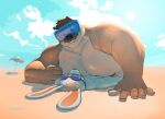  absurd_res anthro beach clothed clothing countershading duo eyewear goggles hi_res lagomorph leporid low-angle_view lutrine male male/male male_on_top mammal muscular mustelid nipples on_top rabbit seaside silentjay topless 