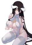  1girl absurdres albedo_(overlord) arm_behind_back bare_arms bare_shoulders black_hair breasts cleavage closed_mouth commentary_request covered_nipples cross-laced_clothes curled_horns demon_girl demon_horns dot_nose dress feet hair_between_eyes highres horns large_breasts legs_folded long_hair looking_at_viewer lordfrog overlord_(maruyama) seiza shadow simple_background sitting slit_pupils smile solo thighhighs thighs very_long_hair white_background white_dress white_thighhighs yellow_eyes 
