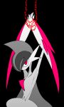  1other arm_blade arms_up black_background bound bound_arms cape chain chained chained_wrists facing_to_the_side gallade grey_cape grey_hair hair_between_eyes high_contrast highres looking_up mega_gallade mega_pokemon mohawk no_mouth partially_colored pokemon pokemon_(creature) pokemon_focus red_eyes restrained skirt spot_color tied_up_(nonsexual) umi-be-to upper_body upright_restraints weapon white_skirt wide_hips 