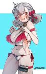  1girl arm_strap bare_shoulders bell bikini black_choker blue_background blush bow bow_bikini breasts choker commentary disembodied_penis drooling frilled_bikini frills girls&#039;_frontline girls&#039;_frontline_2:_exilium grey_hair hair_bow huge_breasts jingle_bell looking_down medium_hair navel neck_bell open_mouth penis pouch red_bikini red_bow red_eyes sabrina_(girls&#039;_frontline_2) side-tie_bikini_bottom solo_focus spas-12_(girls&#039;_frontline) stomach sweat swimsuit symbol-only_commentary teeth thigh_pouch thighs tilt-shift_(azalanz) twitter_username two-tone_background uncensored white_background 