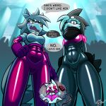 absurd_res bodysuit brother_(lore) brother_and_sister_(lore) canid canine canis clothing dialogue domestic_dog female frank001 glistening glistening_body gloves handwear hi_res humor latex male male/female mammal sibling_(lore) sister_(lore) skinsuit thick_thighs tight_clothing wide_hips wolf