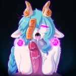 absurd_res after_oral after_sex anthro asian_mythology bangs biyu_(shieol) blue_hair bodily_fluids bovid braided_hair breasts caprine chinese_mythology cum cum_drip cum_in_mouth cum_inside cum_on_breasts cum_on_face dripping duo earrings_only east_asian_mythology empty_eyes fellatio female fur genital_fluids genitals glowing glowing_eyes goat hair hi_res horn human humanoid_genitalia humanoid_penis hypnosis hypnotic_accessory jiangshi long_hair male male/female mammal markings mind_control mole_(marking) mole_on_breast mole_under_eye mythology narrowed_eyes nude nude_anthro one_eye_obstructed oral orange_horn penile penis pink_eyes sex shieol signature talisman tongue tongue_out undead white_body white_fur