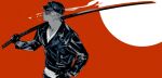  1boy adam&#039;s_apple cigarette facial_hair from_side gloves goatee hand_on_own_hip hat holding holding_sword holding_weapon jacket katana leather leather_gloves leather_jacket limited_palette long_sword male_focus mohikan5 mouth_hold original over_shoulder profile red_background short_hair smoke smoking solo sword sword_over_shoulder upper_body v-neck weapon weapon_over_shoulder 