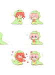  2girls ^^^ blue_eyes blush bocchi_the_rock! chibi chibi_only closed_eyes commentary_request cube_hair_ornament dinosaur_costume full_body gotoh_hitori hair_ornament heart highres kita_ikuyo multiple_girls no_mouth pink_hair rebecca_(keinelove) red_hair simple_background standing tears white_background yellow_eyes 