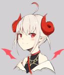  1girl ahoge bare_shoulders blush broken_heart_print closed_mouth collar colored_tips cropped_shoulders curled_horns demon_girl demon_horns demon_wings detached_wings dress dyed_ahoge grey_background grey_hair hair_between_eyes hako_momiji highres horns looking_back makaino_ririmu makaino_ririmu_(1st_costume) multicolored_hair nijisanji off-shoulder_dress off_shoulder pixie_cut pointy_ears red_collar red_eyes red_horns red_straps red_streaks red_wings shirt_under_dress short_hair shoulder_strap sidelocks simple_background smile solo streaked_hair undershirt virtual_youtuber white_dress wings 