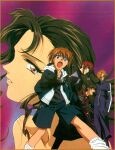  1990s_(style) 1girl 4boys :o absurdres black_hair blonde_hair blue_eyes border brown_hair folded_ponytail fujimiya_ran gradient_background hidaka_ken highres jacket kudou_youji long_hair long_sleeves looking_at_viewer magazine_scan multiple_boys non-web_source official_art open_clothes open_jacket open_mouth pants pocket ponytail profile red_eyes red_hair retro_artstyle scan shirt shoes short_hair shorts simple_background standing teeth tsukiyono_omi weiss_kreuz 