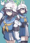 1girl animal_ears aqua_background aqua_eyes blue_archive breasts dual_persona halo helmet highres knee_pads medium_breasts medium_hair mibashi_(hash1_bam1) pleated_skirt purple_hair rabbit_ears saki_(blue_archive) school_uniform serafuku simple_background skirt turtleneck 