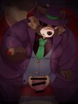  2022 anthro balls belly big_belly brown_body canid canine censored clothing genitals hat headgear headwear hi_res hisashiyo_0705 humanoid_hands kemono male mammal necktie one_eye_closed overweight overweight_male penis raccoon_dog scar sitting smoking solo suit tanuki 