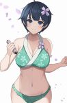  aqua_bikini bikini blue_eyes blue_hair blunt_bangs bob_cut breasts cleavage floral_print flower hair_flower hair_ornament highres holding holding_scroll large_breasts looking_at_viewer navel scroll senran_kagura senran_kagura_shinovi_versus surippa1010 swimsuit yozakura_(senran_kagura) 