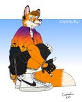 anthro bartek22 blue_eyes boots brown_hair canid canine chain chris_the_fox_(bartek22) clothing ears_up footwear fox fur gloves hair handwear hi_res looking_at_viewer male mammal orange_body orange_fur shoes socks solo teeth teeth_showing tongue tongue_out white_body white_fur
