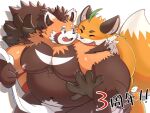 ailurid anthro belly blush canid canine duo embarrassed fox fupa hug hugging_another hugging_from_behind iyo_(tamacolle) male male/male mammal musclegut muscular navel nipples nude pecs red_panda suruga_(tamacolle) tamacolle towel yamacon0105