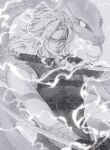  1boy absurdres animal bandaged_arm bandages chest_belt chinese_commentary commentary_request face_piercing fingerless_gloves floating_hair forehead giant_snake gloves granyon greyscale hair_over_one_eye highres holding holding_sword holding_weapon kagurabachi katana lightning lip_piercing looking_at_viewer male_focus monochrome natsuki_misaka oversized_animal parted_bangs piercing reverse_grip scales scar scar_on_face scar_on_nose shirt short_hair sleeveless sleeveless_shirt slit_pupils snake solo sword tassel toned toned_male upper_body weapon 
